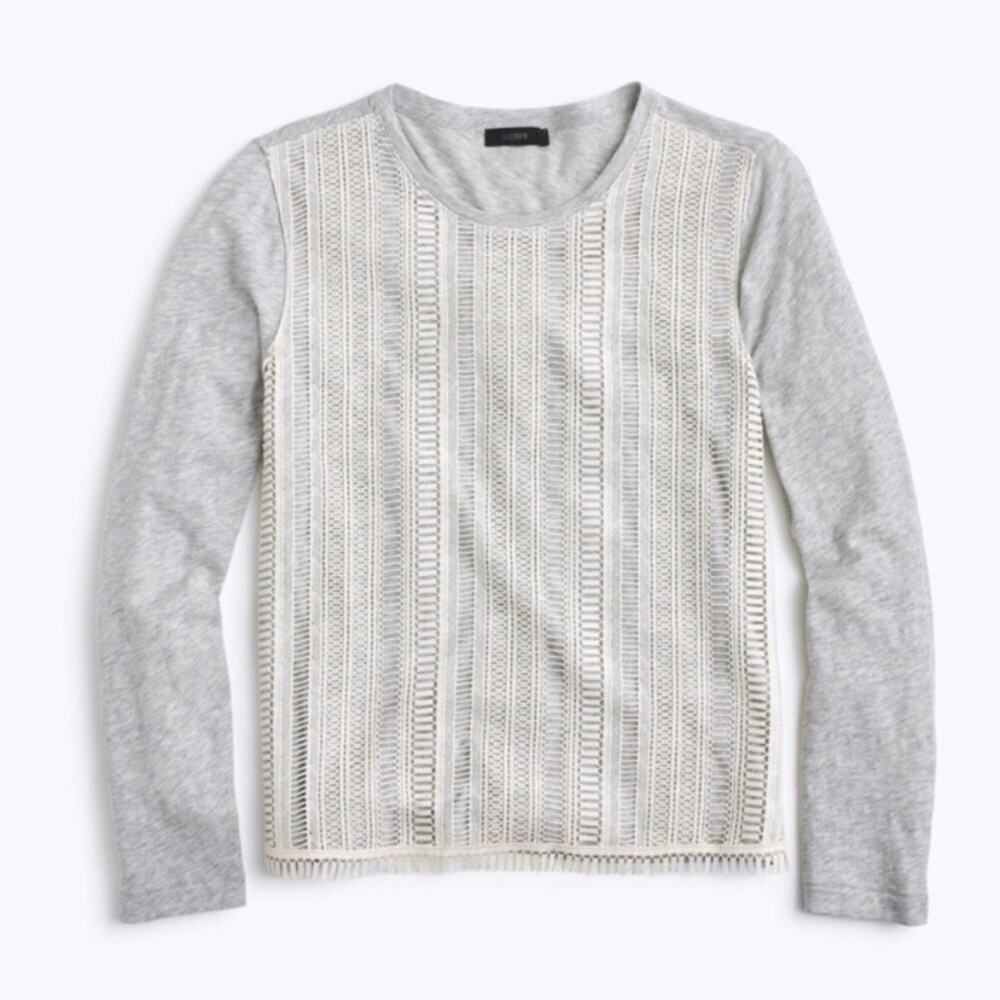 J Crew Lace Front Gray Long Sleeve Knit Top